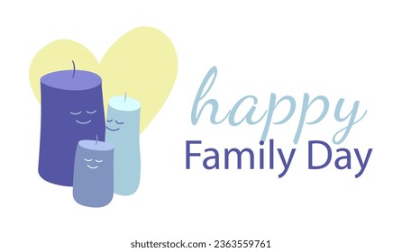 Family of candles. Happy family day. Fictional characters with faces in love. Husband, wife and child in form of candles. Heart shape. Holiday card. Color image - blue and yellow. Vector illustration.