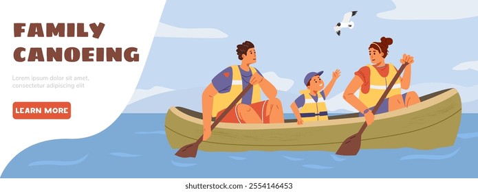 Family canoeing horizontal banner with parents and a child in canoe on the lake flat vector illustration.