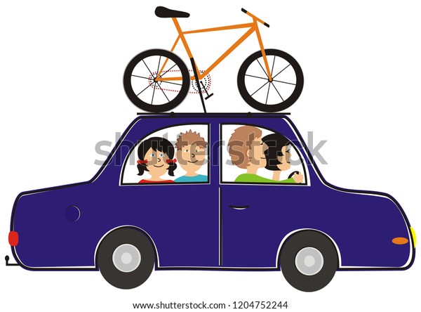 Family at
car and bicycle, funny vector
illustration