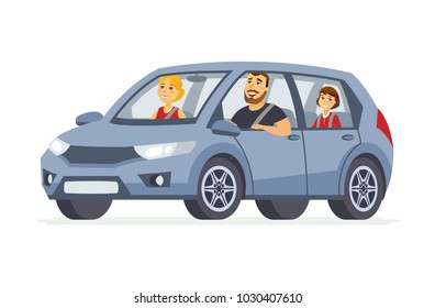 Family in the car - cartoon people character isolated illustration