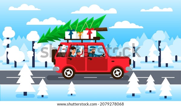 Family car with\
christmas tree on roof rack. Family is going to the Christmas\
holidays. Vector\
illustration.