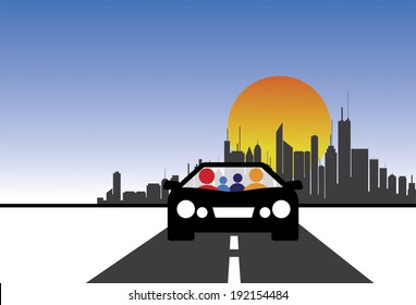 family, car and city concept vector graphic. This illustration also represents people going on tour, family outing, joy ride, long drive, etc
