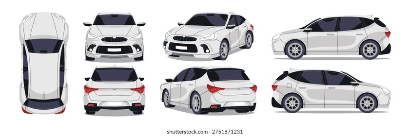 Family car from different angles set. Hatchback from side, front, back and top views. Silver metallic automobile. Modern crossover auto. Flat isolated vector illustrations on white background