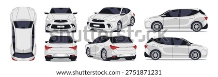 Family car from different angles set. Hatchback from side, front, back and top views. Silver metallic automobile. Modern crossover auto. Flat isolated vector illustrations on white background