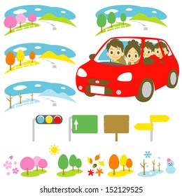 Family In A  Car, Driving, Scenery, Four Seasons