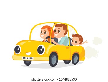 Family, in a car, goes on holiday weekend. City escape. Time to travel, concept. Dady rides car on journey.