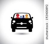 family & car icon: father, mother, son & baby girl on travel & tour - concept vector. This graphic also represents concept like family trip, driver and passengers