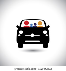 Family & Car Icon: Father, Mother, Son & Baby Girl On Travel & Tour - Concept Vector. This Graphic Also Represents Concept Like Family Trip, Driver And Passengers