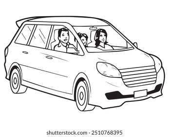 A family in a car. Illustration in black and white and vector format. This illustration is not an AI Generated content.