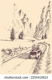 Family car on the mountain road. Hand drawn vector