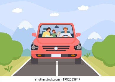 Family in car. Parents, kid and pet on weekend holiday road trip. Minivan with people. Cartoon adventure travel in mountain, vector concept. Illustration outdoors vacation trip, drive family