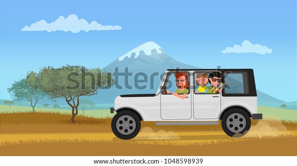 The family in the car rides on a dirt road
in the savannah. Vector
illustration.