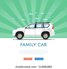 Family Car For Sale. Vector SUV Automobile Isolated On Sunbeam Ray Vector Background. Automotive Dealership Service Homepage Layout. Auto Rental, Carpool, Carsharing Illustration. Car For Family
