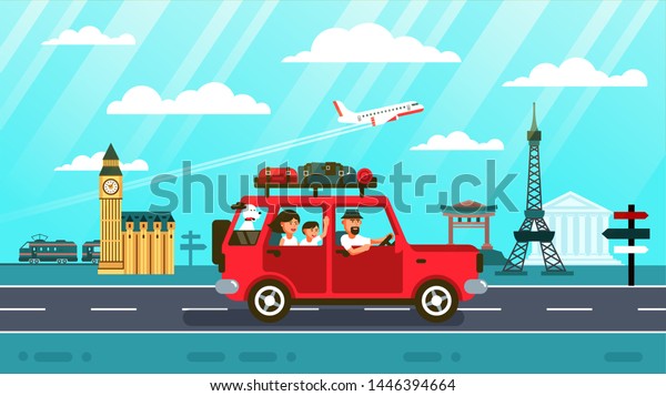 Family car travel around europe and world . Vector\
illustration in flat\
style.