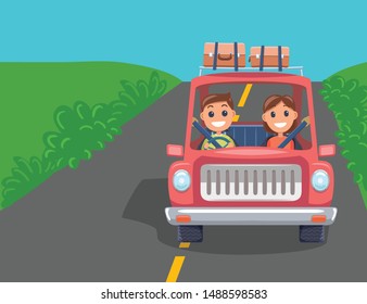 Family Car Travel Cartoon Flat Design with Luggage on top. Vector