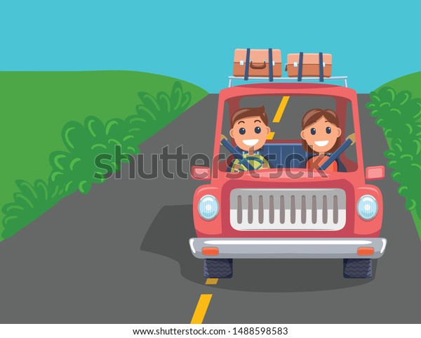 Family Car Travel Cartoon Flat Design with Luggage\
on top. Vector