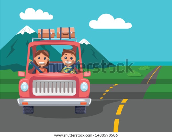 Family Car Travel Cartoon Flat Design with Luggage\
on top. Vector