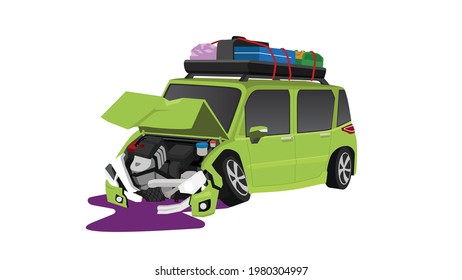 Family car for travel green color. Rack to store the full luggage. Accident in front of it was damaged. Severe fracture. Oil spills under the car. On isolated white background.