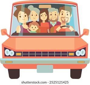 Family car travel. People in auto front view. Vacation trip