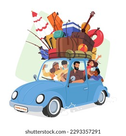 El Viaje En Coche Familiar Es Un Modo De Transporte Popular Para Vacaciones Y Viajes Por Carretera, Que Permite A Las Familias Explorar Nuevos Destinos, Bonos Y Crear Recuerdos Duraderos. Ilustración de vectores de personas de caricatura