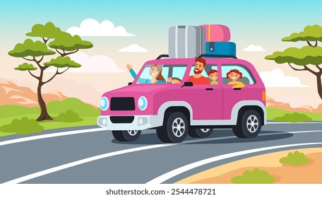 Family car travel. Road trip adventure, happy family with children enjoying vacation drive in SUV with luggage on roof. Cartoon summer holiday, lifestyle vector illustration.