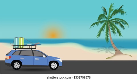 Family car travel to sea beach with coconut tree. with suitcase and surfboard.