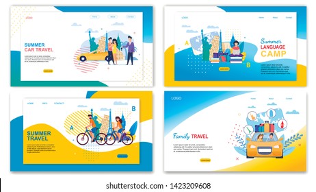 Family Car Travel Summer Language Camp Banner Set. Cartoon Man and Woman in Europe Ride Bicycle. Girl Student Learn Foreign Languages. Happy People Rent Auto. Road Journey Trip Vacation