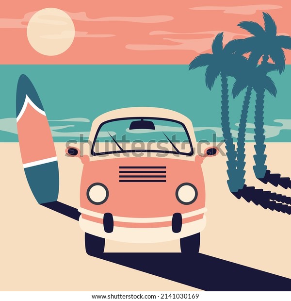 Family car trip.\
Bus camper with surfboard on beach. Retro Summer beach background\
with tropical palms, ocean. Travel by minibus concept. Vector\
vintage flat illustration\
\
\
