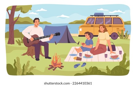 Familienautofahrt zum See, Picknick und Erholung auf der Natur. Mutter und Kind, die auf Decke sitzen, Vater singen und Gitarre spielen. Sommerurlaub und Campingplatz. Vektorgrafik im Flachstil