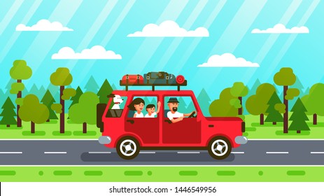 Family car trip on forest road. Vector illustration in flat style.
