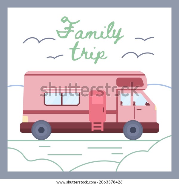 Family car trip and summer car camping\
banner or card layout with camp truck, flat vector illustration.\
Family vacation, tourism and summer\
traveling.
