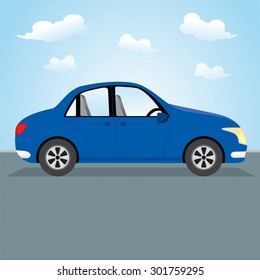 Family car. Vector illustration of a blue car parking on the road.