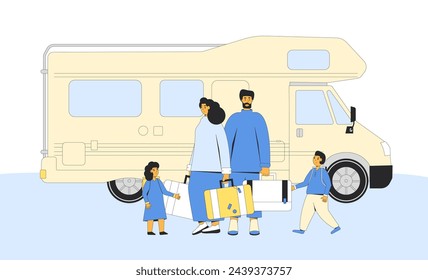 Family caravan travelling. Mother, father and children standing near camper trailer. Road trip vacation. Spring holiday journey. Vector flat illustration.