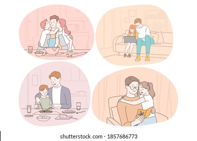 Family care, fatherhood, childhood, reading, leisure concept. Man father daddy coach parent playing with son and daughter reading eating cooking drawing together. Fathers day, love, care, dad 