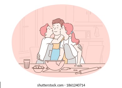 Family care, fatherhood, fathers day concept. Happy man father daddy parent sitting with children in kitchen and hugging kissing during cooking and baking together at home. Fathers day, dad 