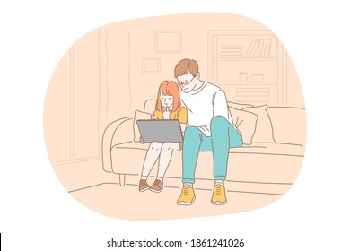 Family care, fatherhood, fathers day concept. Man father daddy coach parent sitting with daughter on sofa and watching movie together at home. Fathers day, love, care, dad vector illustration