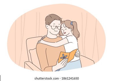 Family care, fatherhood, fathers day concept. Man father daddy coach parent sitting with daughter on knees and reading book together at home. Fathers day, love, care, dad vector illustration