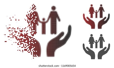 Family care hands icon in sparkle, pixelated halftone and undamaged whole versions. Cells are grouped into vector sparkle family care hands icon.