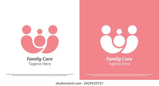 family care happy logo design illustration. Silhouettes of mother child father family  kid child baby son together. Simple minimal icon symbol peace gentle comfort affection support calm feminine.