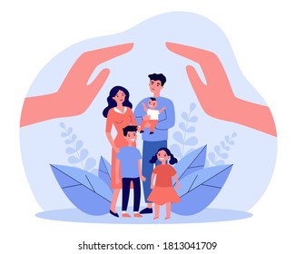 Family care or help concept. Human hands above parents couple and three children. Vector illustration for hygiene, state protection, assistant topics, advertising poster template