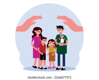 Family care or help concept. Human hands above parents couple and three children. Vector illustration for hygiene, state protection, assistant topics, advertising poster template.