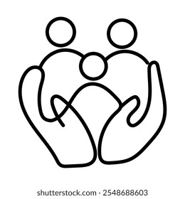 Family Care Icon – Hands Holding Family Figures, Representing Protection, Support, and Love