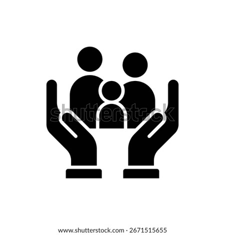 Family care icon. Simple solid style. Two hands holding or hugging group people, group life insurance, caring hands family medicine concept. Silhouette, glyph symbol. Vector isolated design