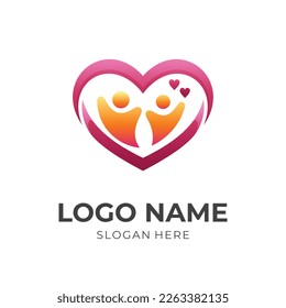 family care logo concept, love and people combination logo with flat red and orange color style