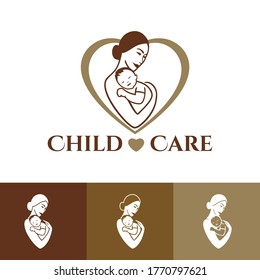 Family Care logo design. Child Care and Medical Services. Child adoption. Child freedom and active lifestyle. Mom and baby lifestyle. Mother and child linear icon. Vector illustration.
