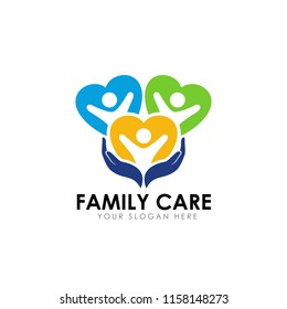 Family Care Logo Design Template. Child On The Heart Shape With Hand Care Illustration