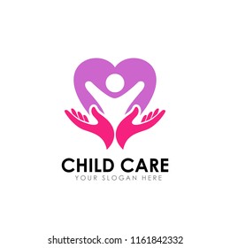 family care logo design template. child on the heart shape with hand care illustration