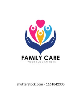 family care logo design template. child on the heart shape with hand care illustration