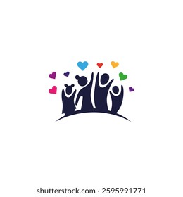 Family care logo template with colorful love symbol in silhouette flat illustration vector design style.