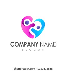 Family Care Logo Template, People In Heart Shape Vector Logo